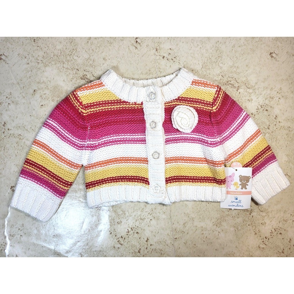 NWT Small Wonders Girls Button Front Striped Red Pink Yellow Sweater 0-3 Mo